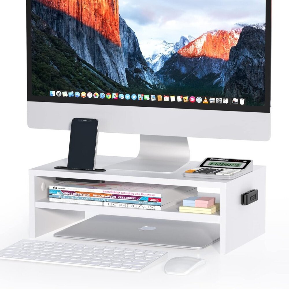 Wooden Monitor Stand Riser, 2-Tier Desk Shelf with Storage Organizer, Ergonomic